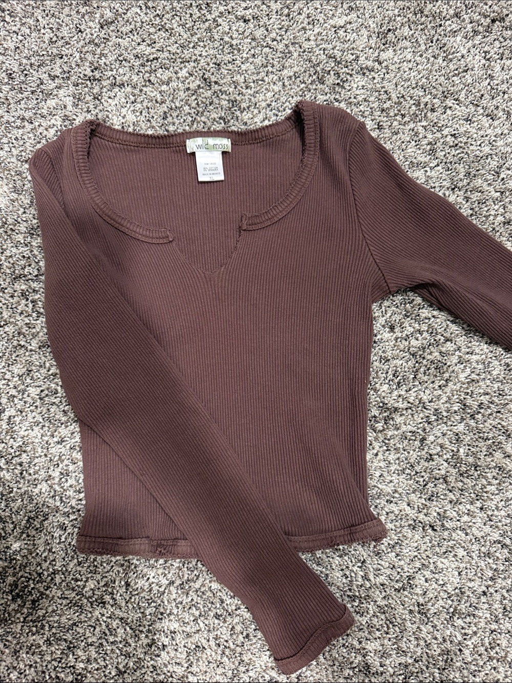 Wild Moss Brown Ribbed Scoop-Notch Long Sleeve Top